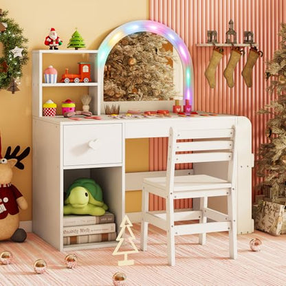 Costzon Kids Vanity, Girls Vanity Set with Lighted Mirror, Bookshelf, Drawer, Storage Cabinet & Shelves, Toddler Makeup Vanity Desk Dressing Table, Wooden Kids Vanity Table and Chair Set (White) - style: White with Bookshelf