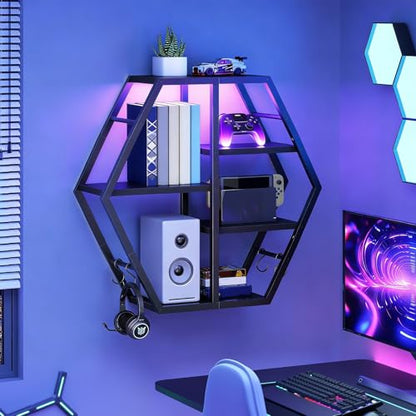 HOOBRO Gaming Floating Shelves with LED Lights, Gaming Wall Mounted Shelf, Hexagonal Display Rack for Wall Storage, Floating Rack with 4 S-Hooks, for Gaming Room, Black BB76DBJ01