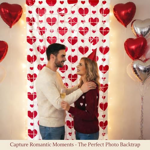 2 PCS Valentines Foil Curtain Backdrop, Valentines Day Party Decorations Red Pink White Heart Photo Booth Props for Valentine's Day Decor Birthday Wedding (A)