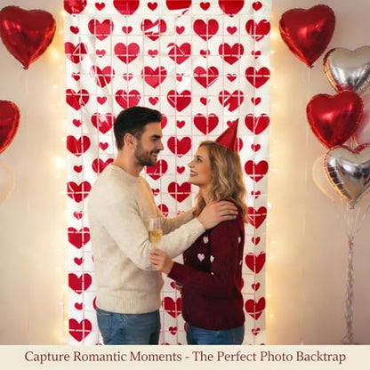 2 PCS Valentines Foil Curtain Backdrop, Valentines Day Party Decorations Red Pink White Heart Photo Booth Props for Valentine's Day Decor Birthday Wedding (A)