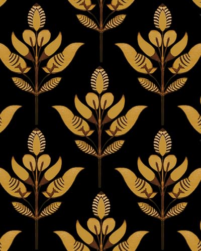 BOKEBEVE Black Gold Wallpaper Leaf Contact Paper Boho Floral Peel and Stick Wall Paper for Bathroom Bedroom Drawer Cabinet Modern Symmetry Removable 17.5 x 118In - color: Black/Gold, size: 17.5" x 118"