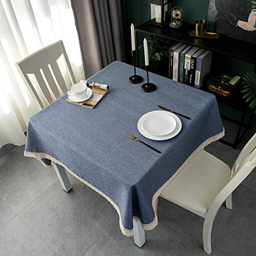 EHouseHome Faux Linen Tablecloth with Lace Trim - Waterproof/Spill Proof/Stain Resistant/Wrinkle Free/Oil Proof - for Banquet, Parties,Dinner,Kitchen,Wedding,Holiday,Denim Blue Square 70X70Inch - color: Denim Blue, size: 70" x 70" (Square)