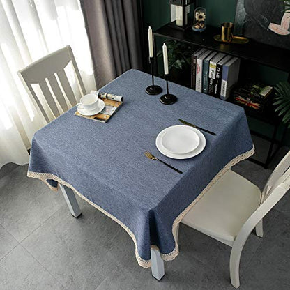 EHouseHome Faux Linen Tablecloth with Lace Trim - Waterproof/Spill Proof/Stain Resistant/Wrinkle Free/Oil Proof - for Banquet, Parties,Dinner,Kitchen,Wedding,Holiday,Denim Blue Square 70X70Inch - color: Denim Blue, size: 70" x 70" (Square)