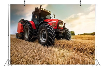 BELECO 5x3ft Fabric Farming Tractor Photography Backdrop Countryside Field Red Tractor Haystack Fall Harvest Photography Background Autumn Themed Party Decoration Photo Studio Props - size: 5x3FT