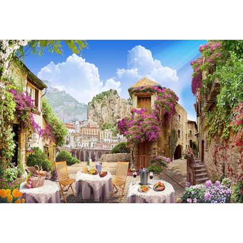 Italy Tuscany Backdrop Europe Ancient Old City Italy Photography Backdrop Tuscany Spring Floral Street Cafe Restaurant Mountain City Scenery Backdrop Italian Theme Party Portrait Photo Props 5x3ft - color: Purple_Brown, size: 5x3ft