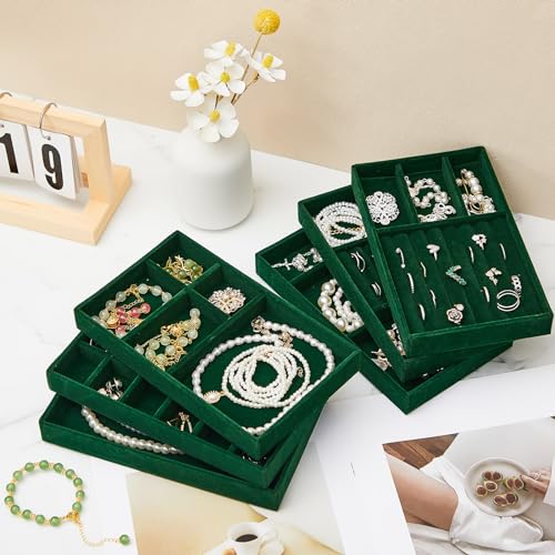 Junkin 18 Pcs Velvet Jewelry Tray, Stackable Jewelry Organizer Trays for Drawer, Jewellery Box Divided Display Tray, Jewelry Inserts for Drawer for Rings Earring Bangle Necklaces(Dark Green) - color: Dark Green