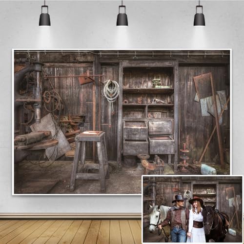 Renaiss 5x3ft Shabby Store Backdrop for Photoshoot Blacksmith Workshop Interior Background Photography Vintage Traditional Cabinets Rusty Tools Shop Rural Smithy Adult Man Photo Booth Studio Props - color: Shabby-2, size: 5x3ft
