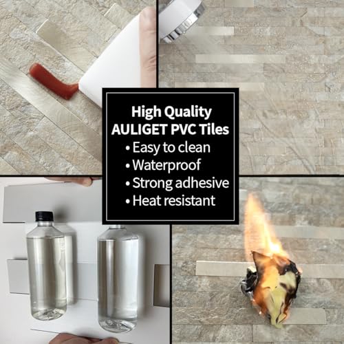 AULIGET 2 Sheets Faux Stone Peel and Stick Backsplash, Sandstone with Champagne Gold PVC Wall Tiles Stick on Backsplash for Kitchen - color: Sandstone + Champagne Gold, size: 2 Sheets, 6"x12"x0.12"