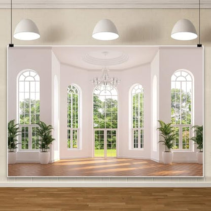 Laeacco 7x5ft Villa Hall Backdrop White Wall Interior Arch Door Window Scenery Photography Background for Business Office Video Conference Decoration Birthday Travel Party Banner Photo Booth Props - size: 7x5ft