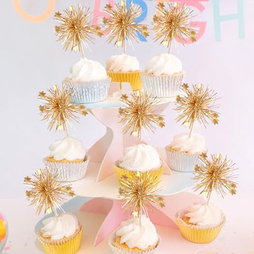 30 PCS Foil Firework Cupcake Toppers Happy Birthday Cake Toppers Star Sparkle Tinsel Flower Drink Stirrers Cocktail Fruit Toothpicks for Valentine's Day Baby Shower Birthday Party Supplies Gold - color: A Gold New
