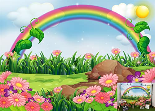 BELECO 7x5ft Fabric Rainbow and Sun Backdrop Enchanting Flowers Garden with Rainbow Cartoon Spring Photography Backdrop for Party Decoration Birthday Kids Boy Girl Baby Shower Photoshoot Photo Props - size: 7x5FT
