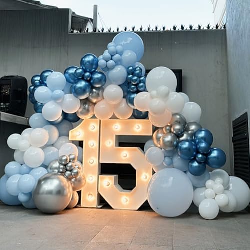 Blue Silver Balloons Set, 12 Inch Blue and Silver Balloons Dark Navy and Confetti Party Latex Balloon, Macaron Metallic Baby Blue Mixed Balloon for Birthday Graduation Baby Shower Wedding Retirement - color: Blue Silver