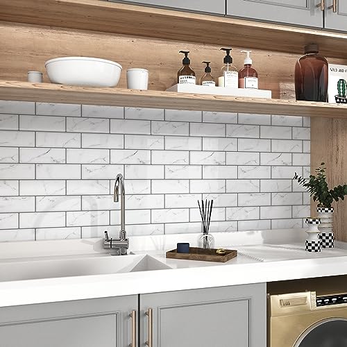 WESTICK Peel and Stick Backsplash Tile 10 Sheets Peel and Stick Subway Backsplash Grey Marble Back Splash Sticky Tiles Oil-Proof Tile Stickers Waterproof Wall Tiles for Kitchen Bathroom DIY 12”x12” - color: 2.Marble white