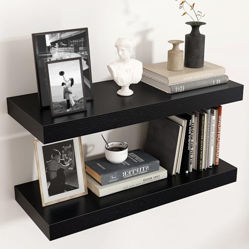 Venusmiles Floating Shelves for Wall, Engineered Wood Wall Shelves with Invisible Brackets for Living Room Bedroom Bathroom Office Kitchen Decor and Storage (Black, 24" W x 9" D x 1.5" H) Set of 2 - color: Cool Black, size: 24"W, Set of 2