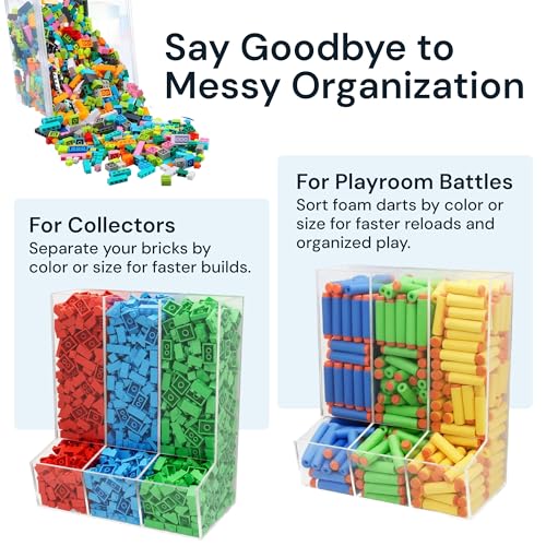 SimplyImagine Triple Acrylic Toy Dispenser for Kids - Self-Serve Snack & Toy Foam Blasters, Car Storage for Wall or Countertop - Clear 3-Compartment Hanging Organizer for Playroom & Nursery - 12.5" H - size: Triple Divided