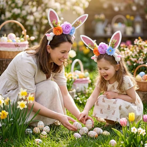 Easter Bunny Ear Headband with Floral Decorations, Glitter Rabbit Ears Hair Hoop for Women and Girls, Spring Party Hair Accessories for Photo Props,Cosplay - color: Purple