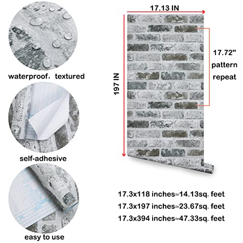 Guvana 17.3"×197" Brick Peel and Stick Wallpaper Grey Brick Contact Paper Self Adhesive Wallpaper 3D Textured Brick Wallpaper Vintage DIY Removable Wall Paper for Bedroom Living Room Decor - color: Gray, size: 17.3" x 197"