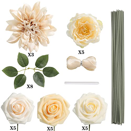rongflower Champagne Artificial Flowers Combo Box Set Gradient Color Flower Leaf with Stems for DIY Wedding Bouquets Centerpieces Baby Shower Party Home Decor - color: Champagne Yellow