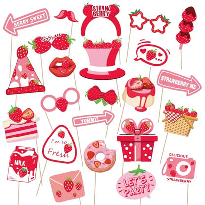 Strawberry Photo Booth Props, 24 Pieces with Sticks, Berry Sweet Theme Selfie Props, Summer Fruit Birthday Party Supplies, Photography Backdrop Decorations
