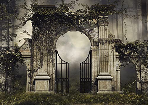 Gothic Backdrop Fabric 12x8ft Vintage Stone Garden Gates Backdrops Ivy Arch Dark Forest Photography Background Birthday Party Decorations Outdoor Wedding Banner Portrait Photo Booth Props - size: 12x8FT