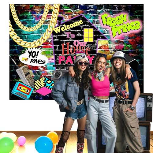 Mocsicka 90s Backdrop Hip Hop 90s House Party Decorations 7x5ft Retro Graffiti Brick Wall Back to 90s Background 1990s Party Banner Decorations Photo Booth Props - size: 7x5ft