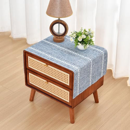 NEWISHER Rustic Farmhouse Embroidered Small Rectangle Tablecloth, Jacquard Striped Table Cloth Washable Fabric Dining Table Cover for Nightstand, Bedside Table, End Table (15x35 Inch), Blue and Grey - color: Blue and Grey, size: 35" x 15" (Rectangular)