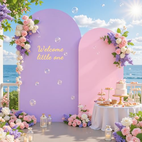 Pink Purple Arch Backdrop Cover for Wedding, 7.2FT 6FT Set of 2 Stretchy Spandex Fitted Arch Stand Cover for Baby Shower, Birthday Party Decor, Chiara Backdrop Cover with Double-Sided Design - color: Purple+Pink