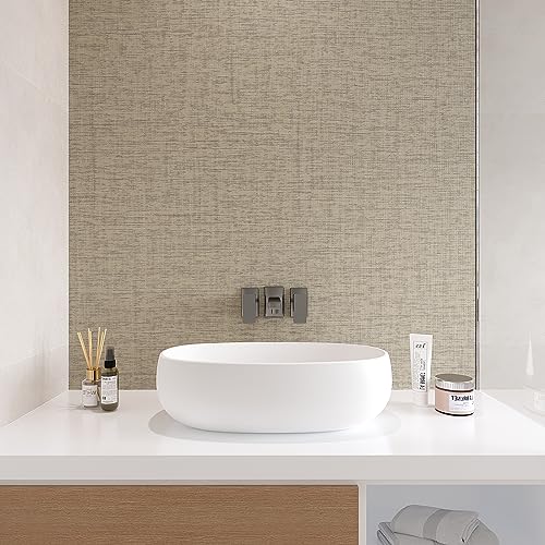 VEELIKE Tan Grasscloth Peel and Stick Wallpaper Textured Grasscloth Wallpaper for Bedroom Bathroom 15.7''x118'' Removable Grass Cloth Linen Wall Paper Self Adhesive Brown Contact Paper for Walls - size: 15.7" x 118"