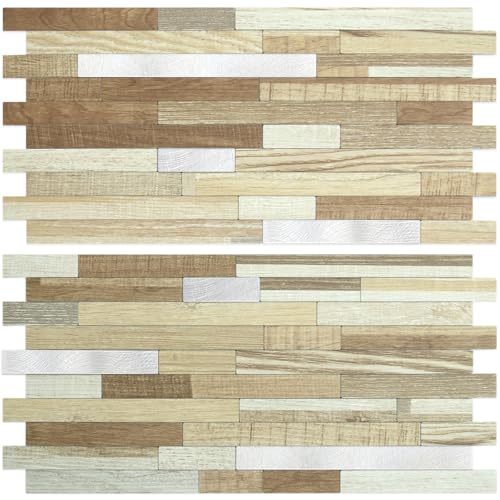 AULIGET 2 Sheets Beige & Brown Wood Peel and Stick Backsplash, PVC Mixed Metal Silver Wall Tile Stick on Backsplash for Kitchen and Bathroom - color: Beige & Brown Wood + Metal Silver, size: 2 Sheets, 6"x12"x0.12"