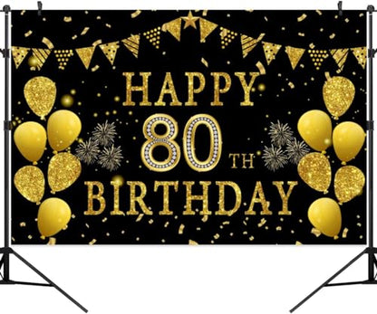 8x6ft Happy 80th Birthday Party Photography Backdrop, Glitter Black and Gold Balloons Background for Woman Man Fabulous 80 Bday Shining Diamond Eighty Years Old Birthday Party Supplies - color: 80th, size: 8x6ft