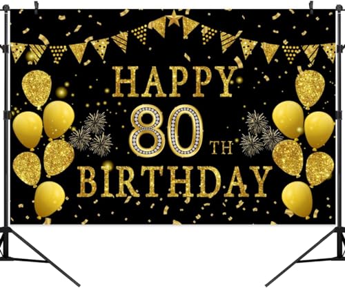9x6ft Happy 80th Birthday Party Photography Backdrop, Glitter Black and Gold Balloons Background for Woman Man Fabulous 80 Bday Shining Diamond Eighty Years Old Birthday Party Supplies - color: 80th, size: 9x6ft