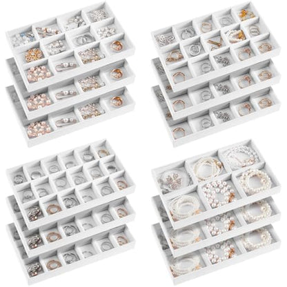Junkin 12 Pcs Jewelry Tray Velvet Stackable Jewelry Organizer Trays Divided Earring Accessories Storage Containers Box (Rose Red) - color: White