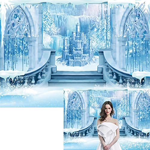 7x5ft Winter Castle Photography Backdrop, Blue Vinyl, Perfect for Wedding, Baby Shower, Birthday, Winter Outdoor Photography, Party Decorations - size: 7x5ft