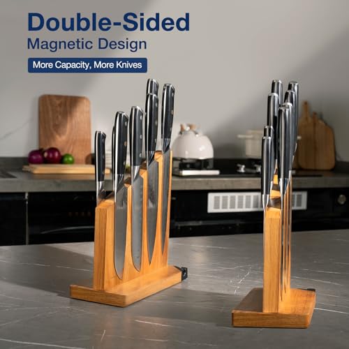 Gourmetop Magnetic Knife Holder with Built-in Sharpener, 100% Acacia Wood Magnetic Knife Block without Knives, Strong Double-Sided Magnetic Knife Holder for Kitchen Countertop Organization, Light Wood - color: Light Wood