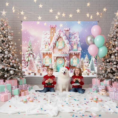 7x5ft Happy Christmas Day Candy House Backdrop Pink Mint Green Sweet Candy Cottage Xmas Tree Background for Photography Winter Baby Shower Birthday Cake Table Decoration Photo Booth Props