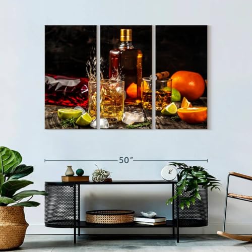 ElephantStock - Citrus Whiskey And Cigar Wall Art - Horizontal Multi Panel Canvas - 3 Piece Living Room Wall Decor - Photography Food And Drink Multi Piece Wall Art - Brown And Gray Decor - 50" x 32" - size: 50L" x 32W"