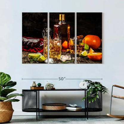 ElephantStock - Citrus Whiskey And Cigar Wall Art - Horizontal Multi Panel Canvas - 3 Piece Living Room Wall Decor - Photography Food And Drink Multi Piece Wall Art - Brown And Gray Decor - 50" x 32" - size: 50L" x 32W"