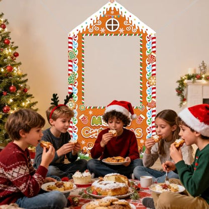 Christmas Party Decorations Christmas Photo Booth Backdrop Large Gingerbread House Xmas Photo Background Banner for Holiday Party, Indoor Outdoor for Family Gathering Office, Classroom Home Décor