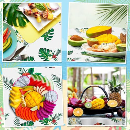Oudain 84" Round Hawaiian Tablecloths, lagre Tropical Luau Plastic Table Covers with Palm Leaves & Hibiscus Flower, Aloha Summer Beach Pool Party Decorations Supplies(White,12 Pcs) - color: White