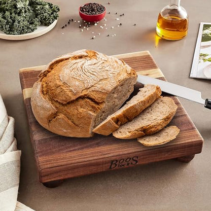 John Boos B Series Square Wooden Walnut Cutting Board 12”x12” – 1.5” Thick, 5-lb Non-Reversible Butcher Block with Wood Bun Feet & Edge-Grain - color: Walnut with Wood Feet, size: 12"L x 12"W