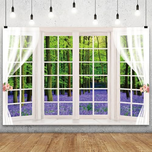 YongFoto 7x5ft Spring Window Scenery Backdrop Purple Lavender Flowers Green Forest Nature Landscape Wedding Photo Background Girl Woman Birthday Party Kids Adults Portrait Photo Studio Props - color: Purple 1, size: 7x5ft