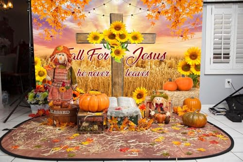 deFouliao Fall Backdrop Autumn Harvest Thanksgiving Maple Leaves Pumpkins Wooden Cross with Sunflower Background Banner Thanksgiving Party Supplies Photo Booth Props, 5x3ft - color: Yellow, size: 5x3ft