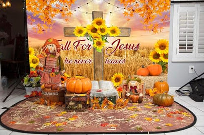 deFouliao Fall Backdrop Autumn Harvest Thanksgiving Maple Leaves Pumpkins Wooden Cross with Sunflower Background Banner Thanksgiving Party Supplies Photo Booth Props, 5x3ft - color: Yellow, size: 5x3ft
