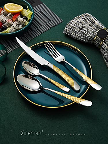 16 Piece Hammered Silver Gold Silverware Set, Modern Golden 18/10 Stainless Steel Flatware Set, Kitchen Utensil Set Service for 4, Tableware Cutlery Set, Knives Forks Spoons Set - color: Silver Gold