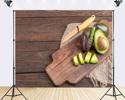 Trykid 8x6ft Fresh Avocado Wood Board Backdrop Healthy Food Kitchen Photography Background Cooking Food Blog Party Decoration Tapestry Photo Booth Prop Fabric - size: 8x6ft
