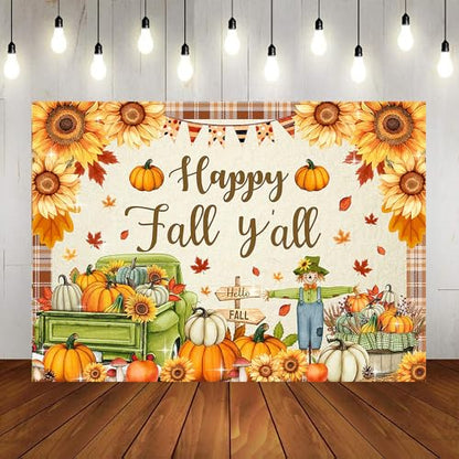 Mocsicka Happy Fall Y'all Backdrop Fall Party Background Banner Pumpkin Patch Maple Leaves Autumn Harvest Thanksgiving Decorations Banner Photo Booth (8x6ft) - size: 8x6ft