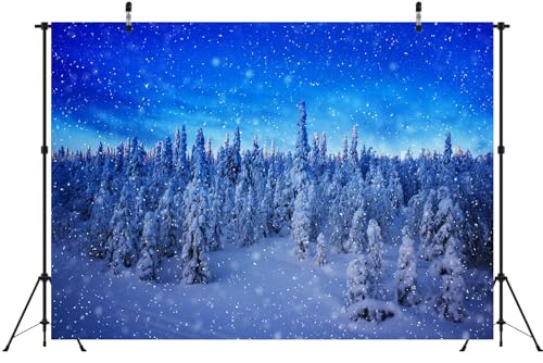 BELECO 6x4ft Fabric Winter Snow Forest Backdrop Snowy Pine Forest Snowflakes Blue Winter Wonderland Background Christmas Party Decorations Banner Photo Video Props - size: 6x4FT