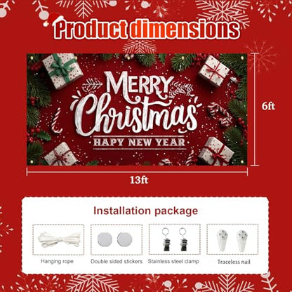HOMETITUTE Christmas Garage Door Cover 13x6ft Merry Christmas Happy New Year Lettering Holiday Banner Red Green Gift Boxes Candy Canes Winter Backdrop Seasonal Wall Display Outdoor Indoor Party - color: Garage Banner#9