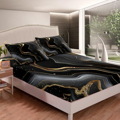 Erosebridal Gold Black Marble Bedding Set for Kids, Gold Glitter Abstract Marbling Bed Sheets Metallic Marble Texture Fitted Sheet Ombre Stone Pattern Fluid Bed Set Queen Size with 2 Pillow Cases - color: Black Gold, size: Queen