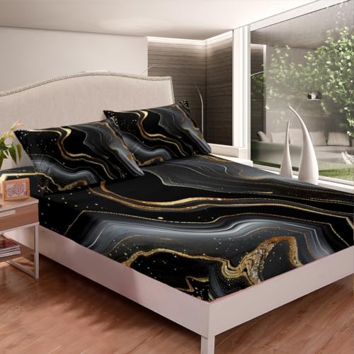 Erosebridal Gold Black Marble Bedding Set for Kids, Gold Glitter Abstract Marbling Bed Sheets Metallic Marble Texture Fitted Sheet Ombre Stone Pattern Fluid Bed Set Full Size with 2 Pillow Cases - color: Black Gold, size: Full